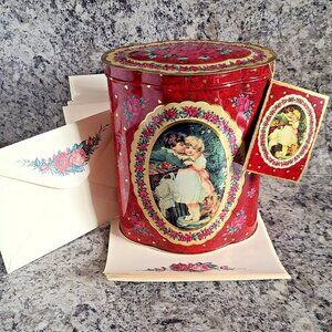 Vintage Victorian Style Tin w/ Floral Stationery & Envelopes Red Decorative Gift